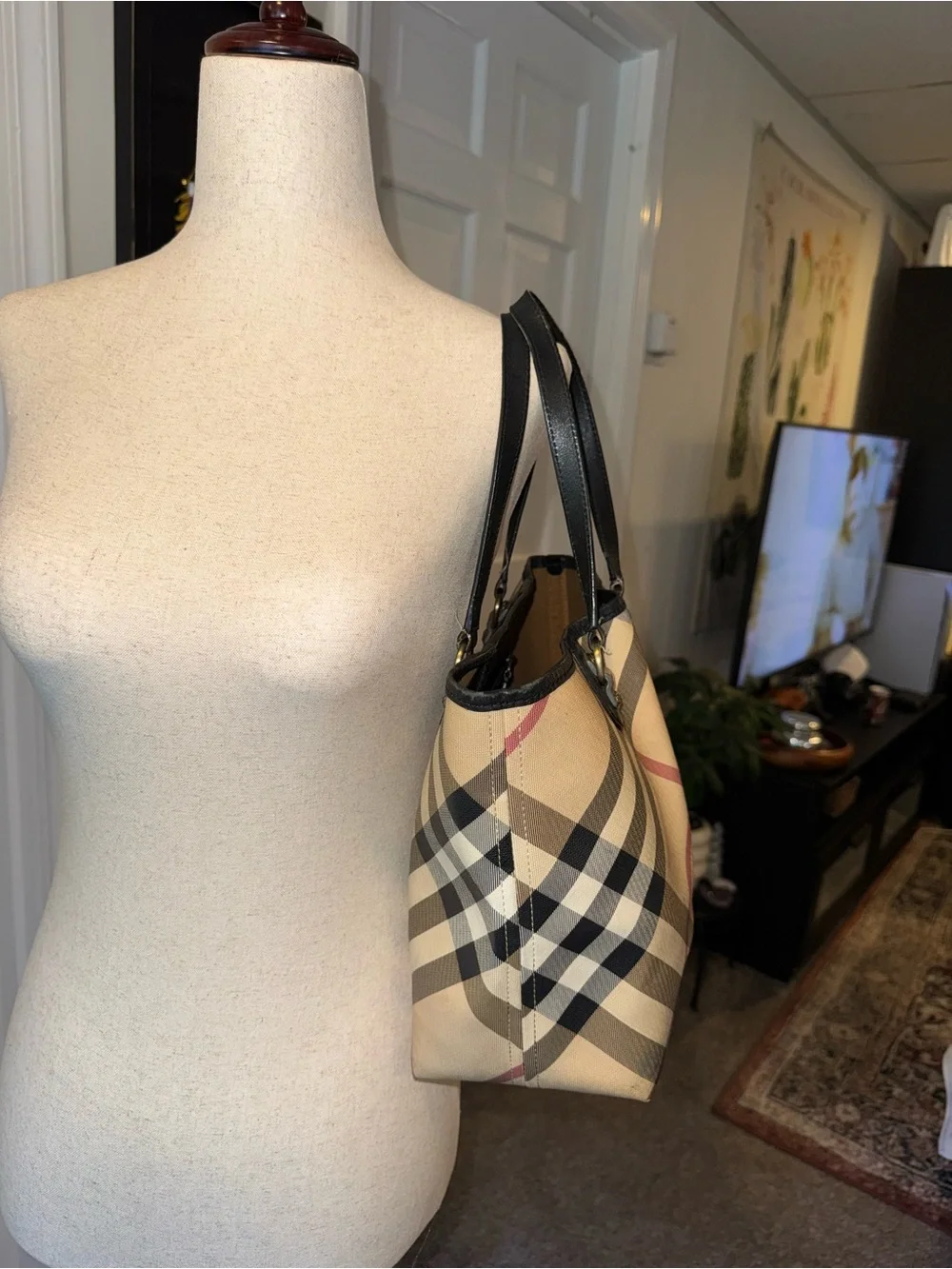 Burberry Beige Plaid Tote with Black Handles